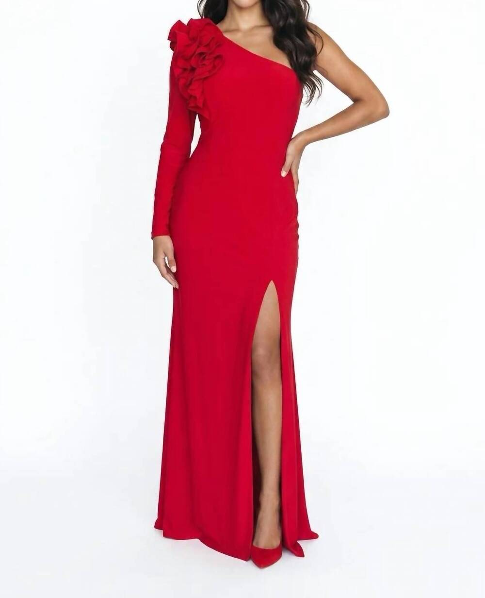 NEW XSCAPE women's one shoulder ruffle formal maxi dress in red